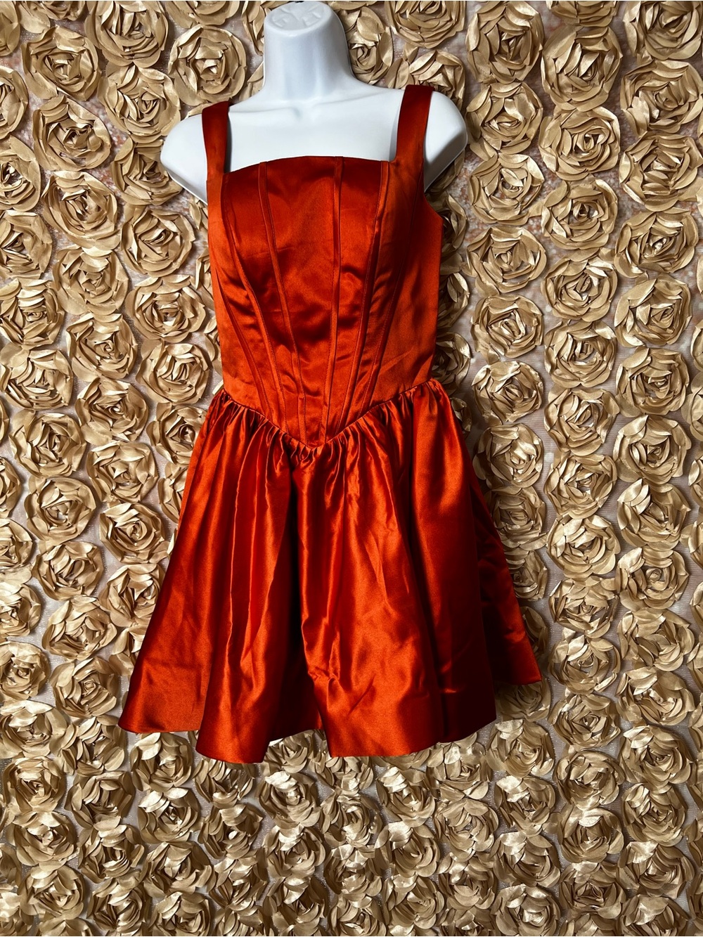 Satin Fit-and-Flare Mini Dress in Vibrant Rust